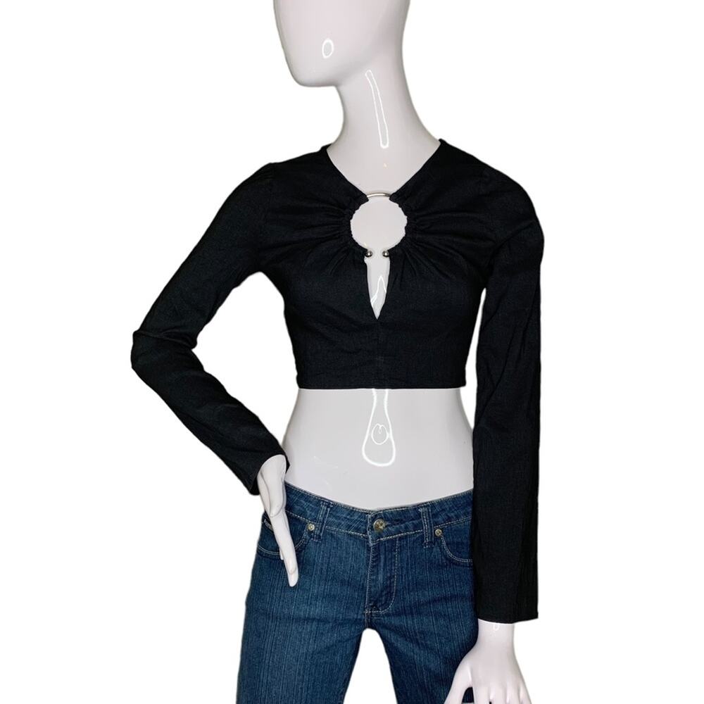 Zara Crop Top Long Sleeve Black Size M V-Neck Two Hidden Zippers